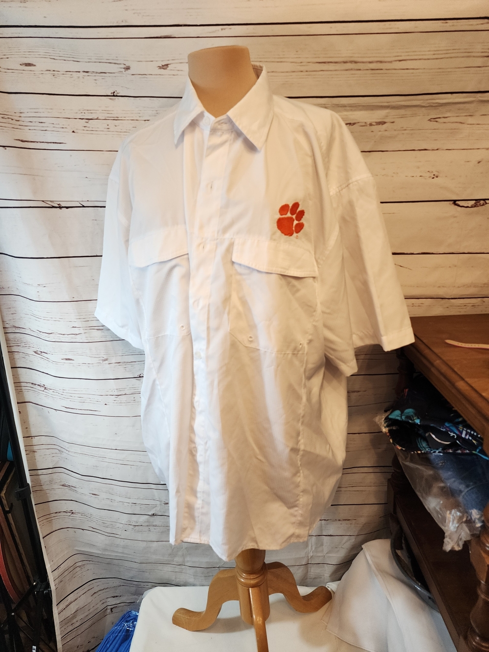 White Short-Sleeve Button-Down Shirt with Orange Paw Logo Clemson Wicking Fishin